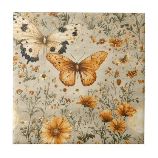 Vintage Schmetterling Wildblume (9) Fliese (Vorderseite)