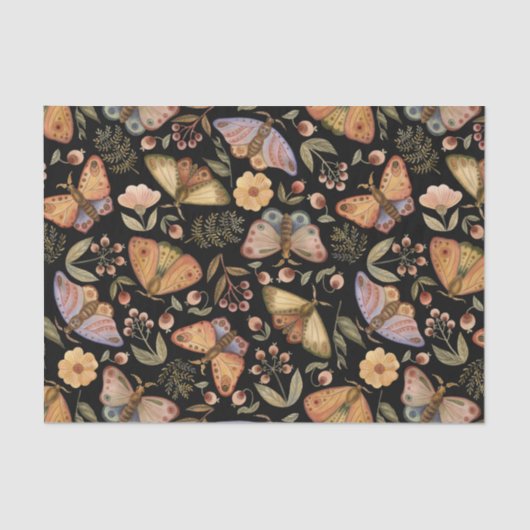 Vintage Schmetterlinge, Blume und Berries Black Seidenpapier (Vorderseite)