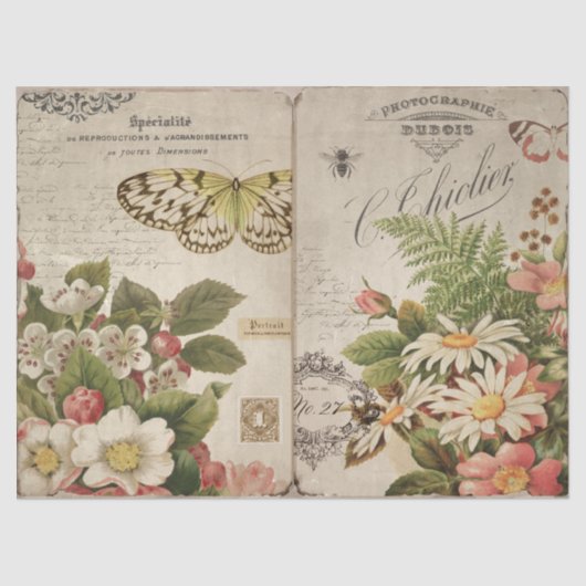 Vintage Schmetterlinge Florals und Ephemera Decoup Seidenpapier (Vorderseite)