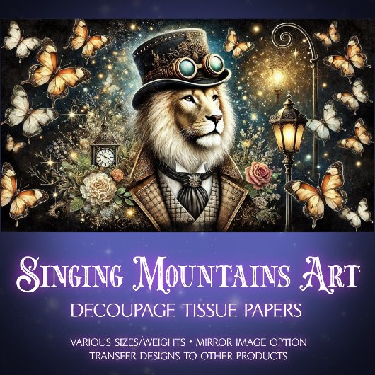 Vintage Schmetterlinge Steampunk Lion Decoupage Seidenpapier