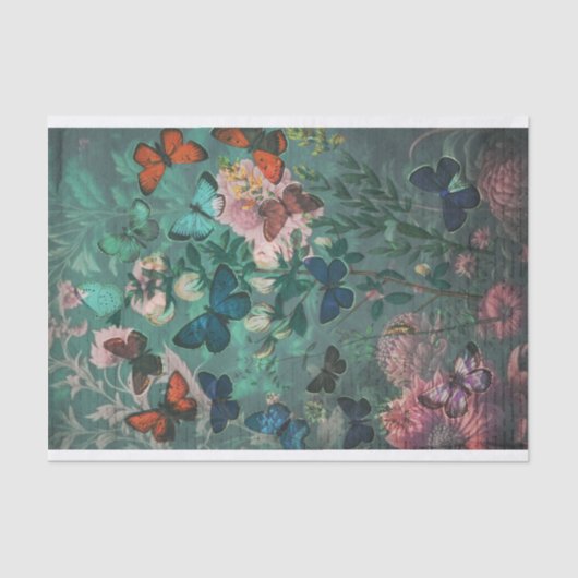 Vintage Schmetterlinge und Blume Blau Seidenpapier (Vorderseite)