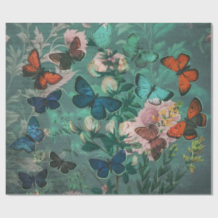 Vintage Schmetterlinge und Blumen Blau Geschenkpapier