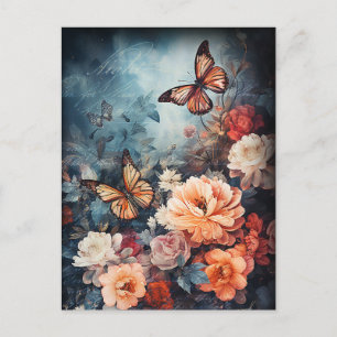 Vintage Schmetterlinge und Blumen Postkarte