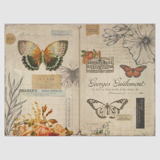Vintage Schmetterlinge und Ephemera Decoupage Seidenpapier (Vorderseite)