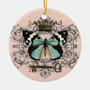 Vintage Schmetterlings- und Kronenverzierung Keramikornament