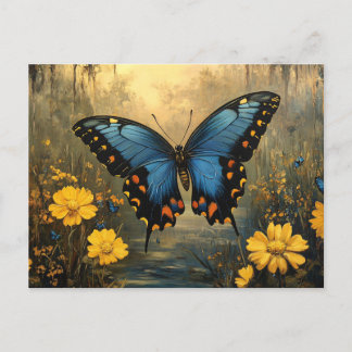 Vintage Schmetterlingsbilder und gelbe Blumen Postkarte