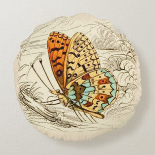 Vintage Schmetterlingsdarstellung, Orange und Beig Rundes Kissen