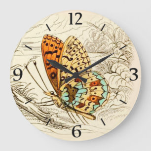 Vintage Schmetterlingsillustration, Orange und Bei Große Wanduhr