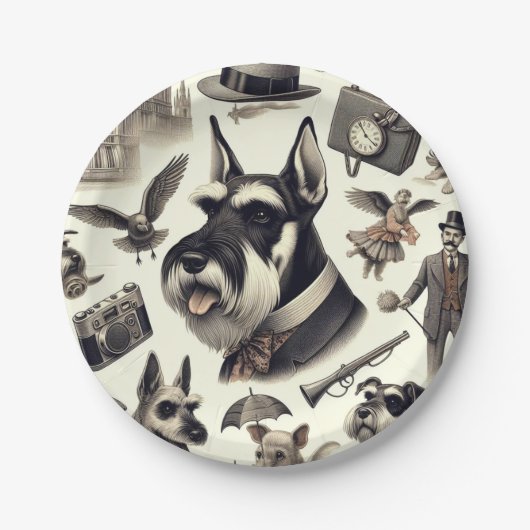 Vintage Schnauzer-Illustration Pappteller (Vorderseite)