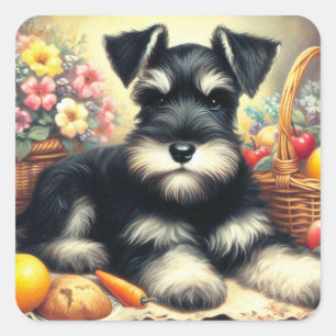 Vintage Schnauzer-Malerei Quadratischer Aufkleber