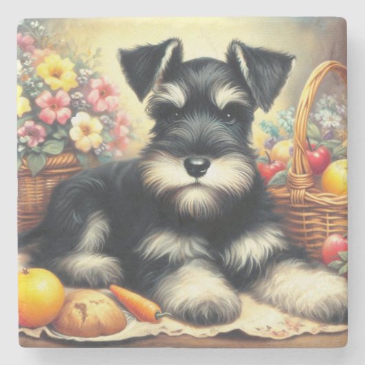 Vintage Schnauzer-Malerei Steinuntersetzer (Vorderseite)