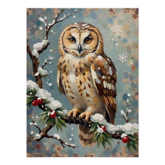 Vintage Schnee-Eule mit Weihnachtskieferngirlande- Poster (Vorderseite)
