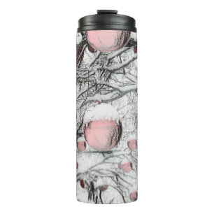 Vintage, schneebedeckte Bäume mit zeichnend Orname Thermosbecher