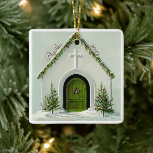 Vintage-Schneebedeckte Kirche zu Weihnachten Keramikornament