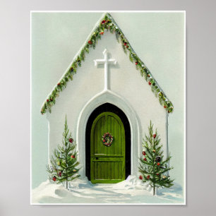 Vintage-Schneebedeckte Kirche zu Weihnachten Poster