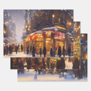 Vintage schneebedeckte Straße – Festliches Weihnac Geschenkpapier Set