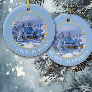 Vintage schneebedecktes Haus und Bäume Keramik Ornament