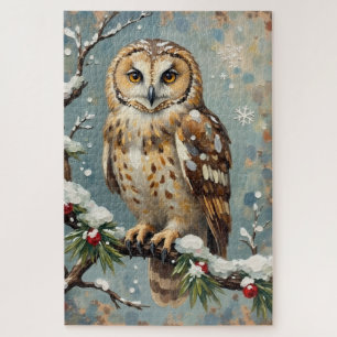 Vintage Schneeeule mit Weihnachtskieferngirlande-K Puzzle