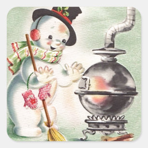 Vintage-Schneemann am Holzofen Quadratischer Aufkleber