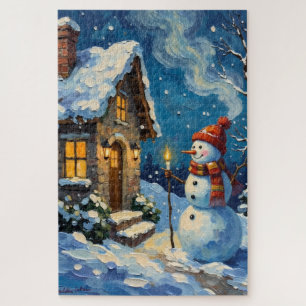 Vintage Schneemann am Kerzenlicht erleuchteten Wei Puzzle