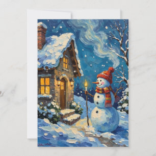 Vintage Schneemann am Kerzenlicht-Weihnachtshaus Feiertagskarte