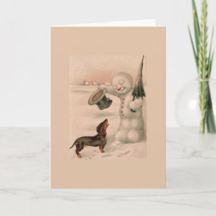 Vintage - Schneemann begrüßt einen Dachshund, Feiertagskarte