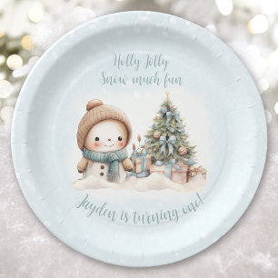 Vintage Schneemann Blau Weihnachten Erste Geburtst Pappteller
