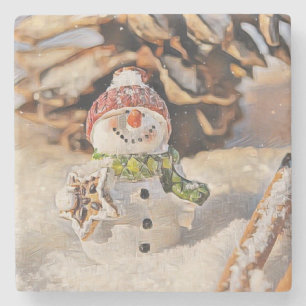 Vintage Schneemann im Schnee Zeichnung Steinuntersetzer