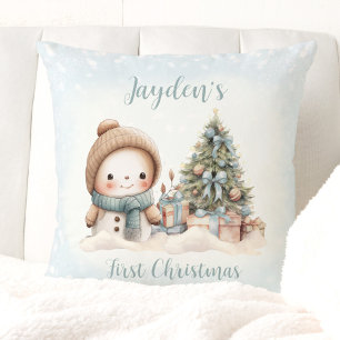 Vintage-Schneemann-Junge-Blaues erstes Weihnachts- Kissen