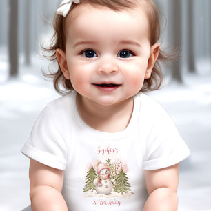 Vintage-Schneemann-Mädchen Rosa Erstes-Geburtstags Baby T-shirt