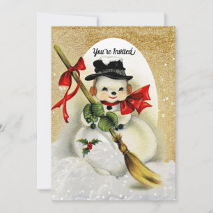 Vintage-Schneemann mit goldenem Glitter-Weihnachts Einladung