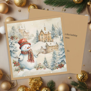 Vintage-Schneemann Schneedorflandschaft Weihnachte Feiertagskarte