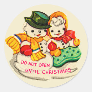 Vintage Schneemann & Schneefrau "Nicht öffnen" Runder Aufkleber