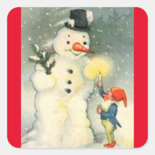 Vintage Schneemann und Elf Quadratischer Aufkleber