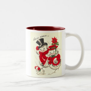 Vintage-Schneemann und Schneefrau-Tasse Zweifarbige Tasse