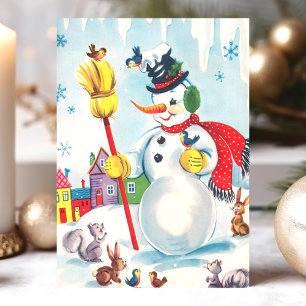 Vintage Schneemann und Waldtiere Cute Retro Feiertagspostkarte