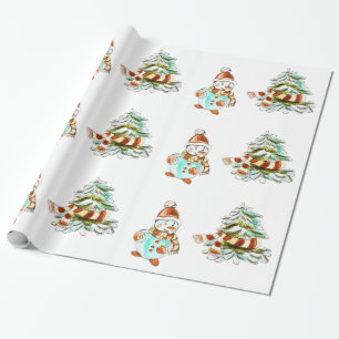 Vintage-Schneemann und Weihnachtsbaum-Geschenkpapi Geschenkpapier
