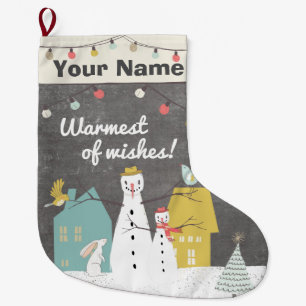Vintage Schneemann Warmherzige Wünsche Monogramm Großer Weihnachtsstrumpf