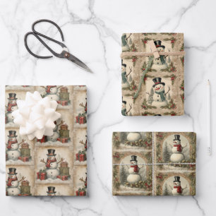 Vintage Schneemann Weihnachten Geschenkpapier Set