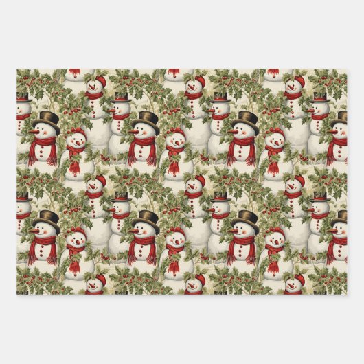Vintage Schneemänner und Holly Geschenkpapier Set (Vorderseite)