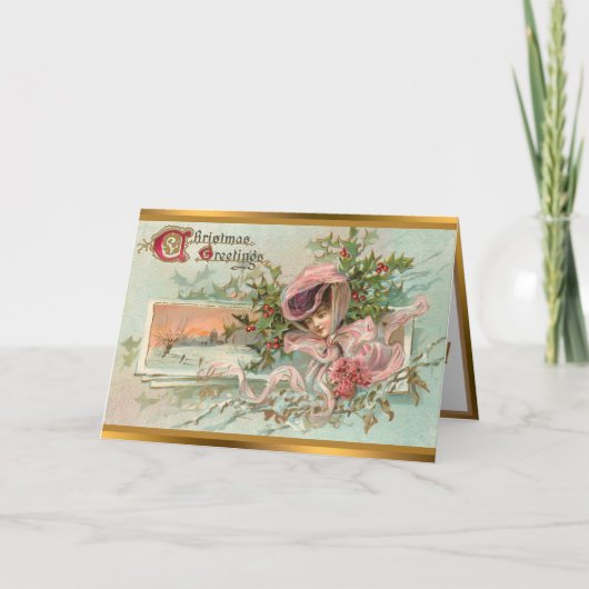 Vintage Schneeschön und Mistleton Feiertagskarte (Vorderseite)
