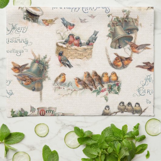 Vintage Schneevögel und Weihnachtsgrüße Geschirrtuch (Gefaltet)