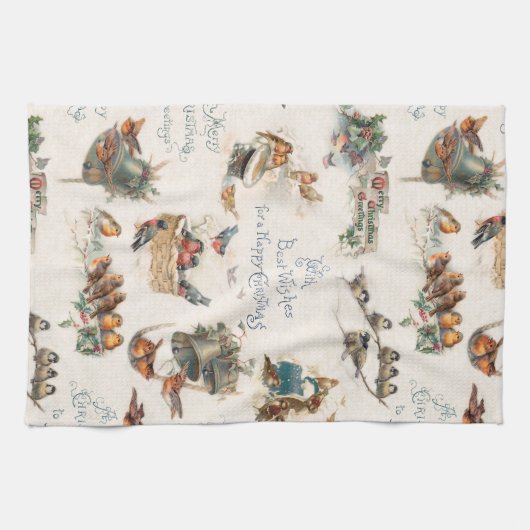 Vintage Schneevögel und Weihnachtsgrüße Geschirrtuch (Horizontal)