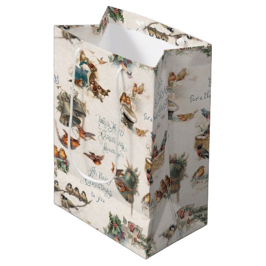 Vintage Schneevögel und Weihnachtsgrüße Mittlere Geschenktüte (Vorderseite Schrägansicht)