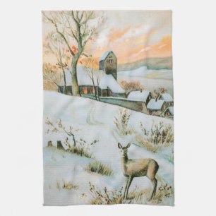 Vintage-Schneewinterlandschaft mit Hirschen Geschirrtuch