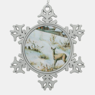 Vintage-Schneewinterlandschaft mit Hirschen Schneeflocken Zinn-Ornament