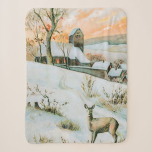 Vintage-Schneewinterlandschaft mit Hirschen Sherpadecke