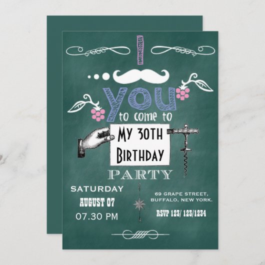 Vintage Schnurrbart-Chalkboard Erwachsene Geburtst Einladung (Vorne/Hinten)