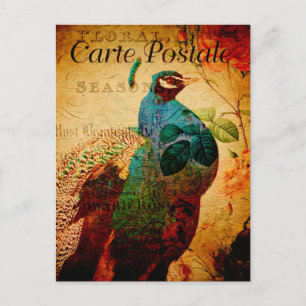 Vintage Schöne Blaue Pfau Floral Französisch Postkarte