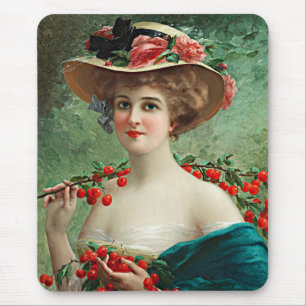 Vintage schöne Dame, Blume Hut & Kirschen Mousepad